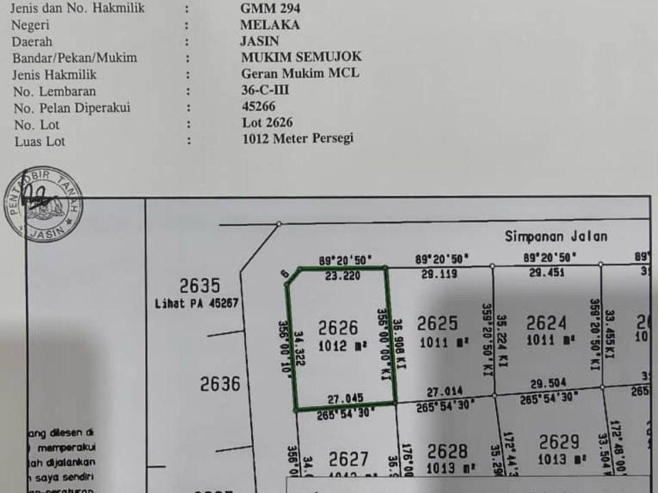 Tanah Banglo Berdekatan UiTM Jasin Melaka 1012 Sqft Freehold