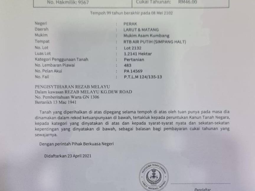 Tanah 3 Ekar Taiping Kamunting Belakang Pejabat Akses Lebuhraya