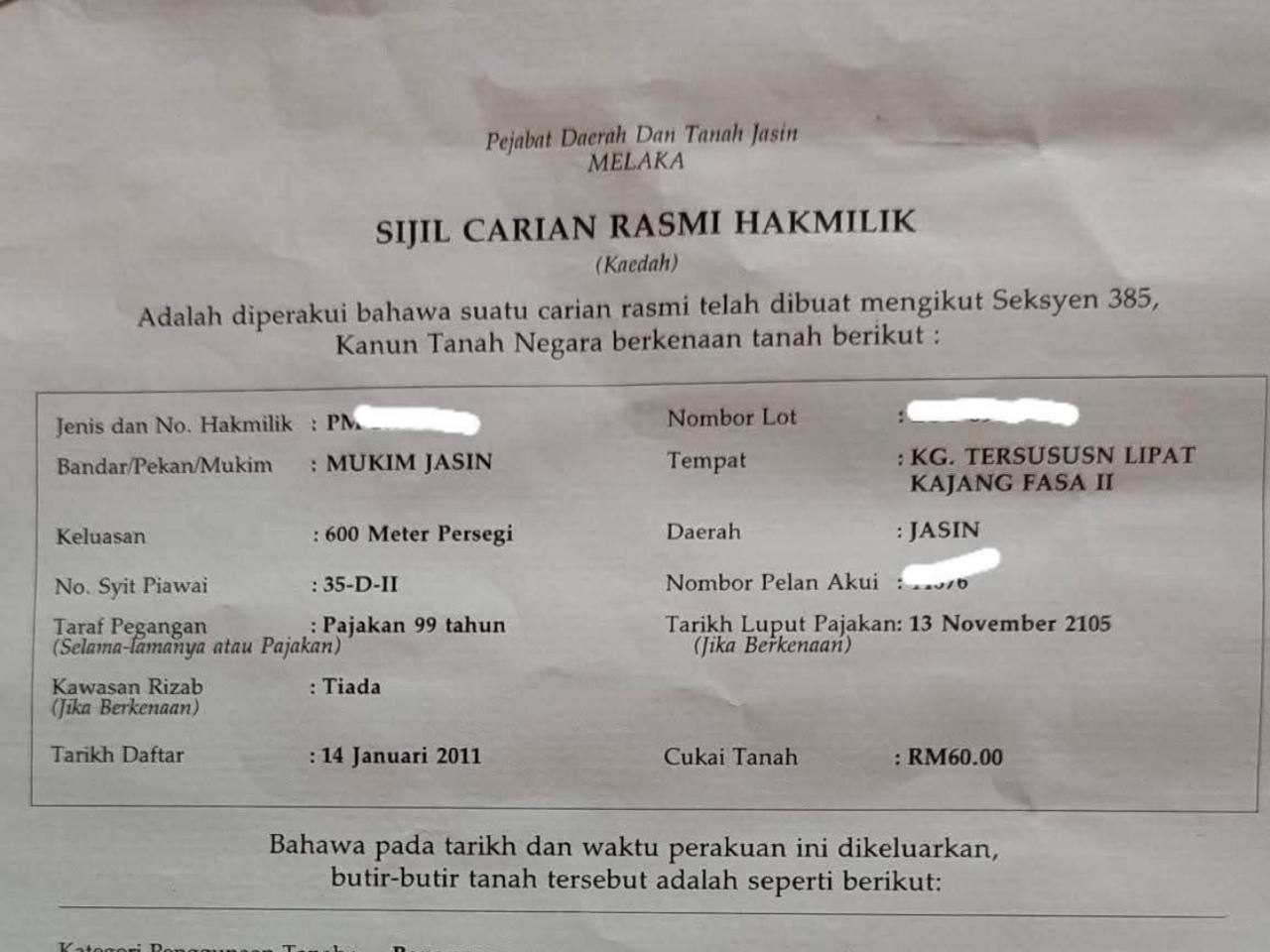 Tanah Lot Banglo 6500 sqft Jasin Melaka Infrastruktur Lengkap Akses Mudah