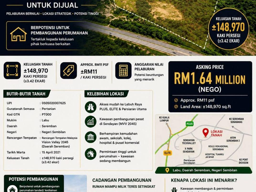 Tanah 3.4 Ekar RTP Sendayan Labu Seremban Freehold Dekat Lebuhraya PLUS & Bandar Sendayan