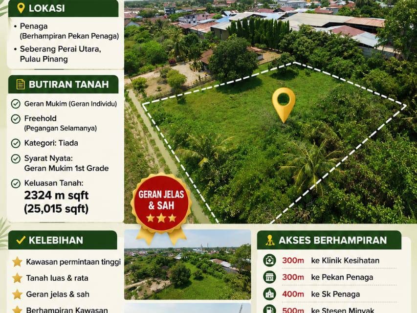 Tanah Kampung 1st Grade Penaga Pulau Pinang 25,015 sqft Freehold