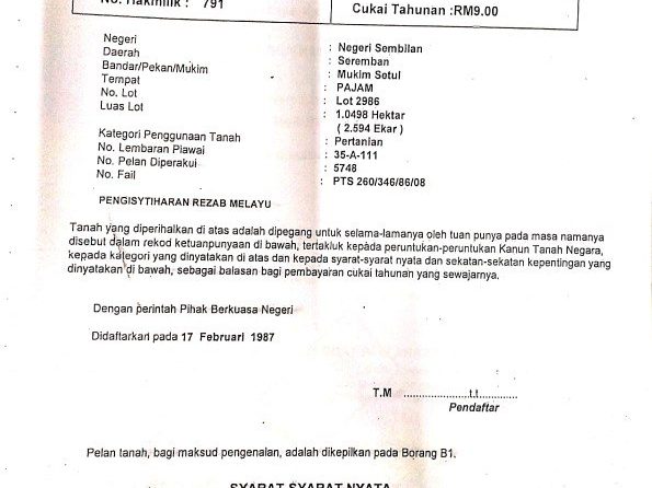 Tanah Pertanian Pajam Seremban 2.594 Ekar Freehold Zoning Bangunan