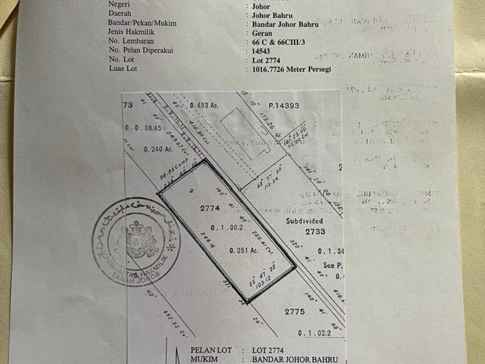 Tanah Bangunan Freehold 10,944 sqft Johor Bahru Stulang Darat Dengan Rumah Sewa Berhampiran CIQ